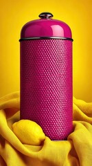 Vibrant magenta textured container, lemon, yellow fabric, sunny background