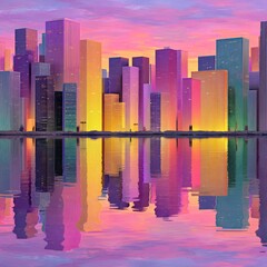 Vibrant modern city skyline reflects stunning pink-orange sunset
