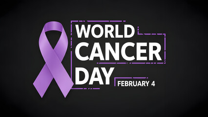 World cancer day awareness campaign with purple ribbon on black background with cancer awareness and health campaign and cancer research and awareness ribbon