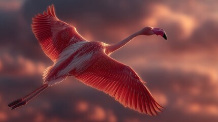 Vibrant pink flamingo flying against a dramatic, warm-lit cloudy sky