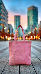 Vibrant pink tote bag on urban pavement, blurred city skyline sunset