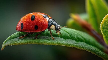 Vibrant red ladybug with water droplets on a green leaf, macro