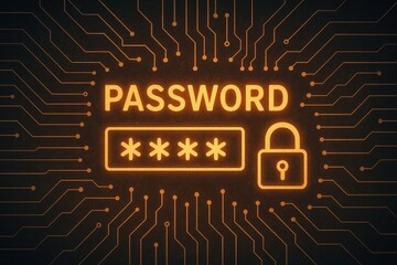 Digital password entry and secure lock symbol on abstract circuit board background, data security.