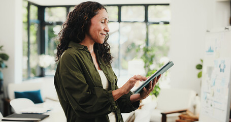 Tablet, smile and research with business woman in office for planning, editor feedback and article review. Online journalist report, story fact check and digital blog with mature person at agency