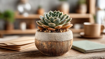 Vibrant succulent in a stylish pot on a rustic wooden desk