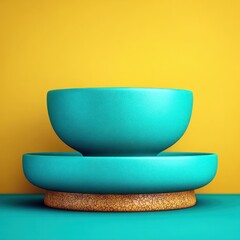 Vibrant teal bowl and plate on cork base against yellow wall