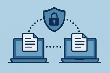 Secure data transfer between two laptops via a protective shield icon laptop computer data.