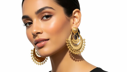 Gold Earrings Worn by Woman – Jewelry Beauty Shot Isolated