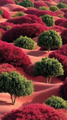 Vivid desert landscape rolling pink sands, red flora, green trees