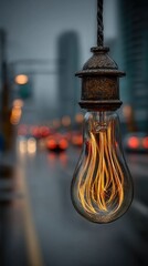 Warm glow of vintage bulb brightens blurred, rainy city street scene