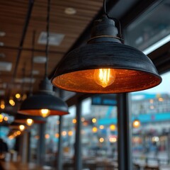 Warm industrial pendant lights illuminate a modern cafe interior