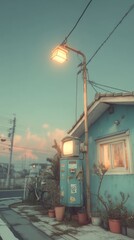 Warm light on a pole by a faded blue house with a vending machine
