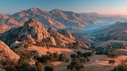 Warm light illuminates rugged mountains, golden hills, and valley haze