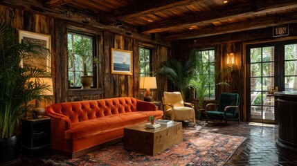 Warm, rustic wood-paneled lounge with orange sofa, plants, soft light
