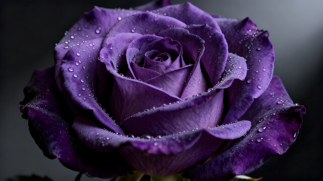 A captivating close-up of a vibrant purple rose adorned with glistening dew drops. - Powered by Adobe