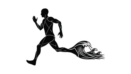 Dynamic silhouette of a runner with a powerful wave trailing from their legs, symbolizing momentum and energy.