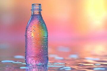 Wet plastic bottle on rippled water, colorful light reflections