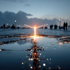 Wet urban path at dusk with distant light, reflective surface, people