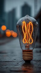 Wet vintage light bulb glows on damp urban ground with city lights