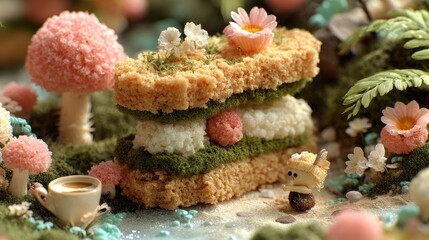 Whimsical fairy garden with stacked treat, tiny mushrooms, and coffee