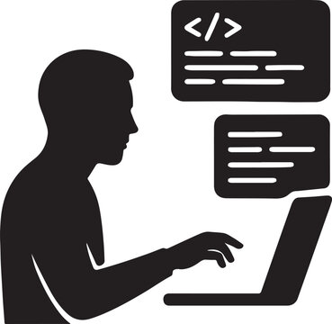Programmer Silhoutte Working on Laptop with Source Code and Software Development Concept