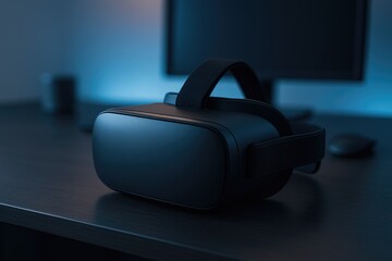 Immersive virtual reality headset on desk with monitor background, tech exploration headset.