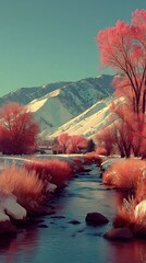 Winter stream flows past snow-capped mountains and colorful trees