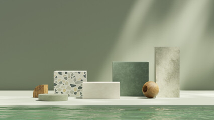 Green 3D podium background with minimal design, geometric platforms, natural textures, and soft studio lighting for product display, cosmetic mockup, skincare branding, packaging design