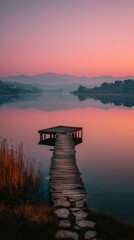 Wooden pier on serene lake at vibrant pink-orange sunset with misty hills