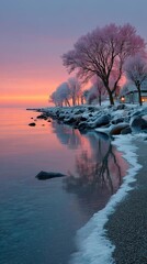Winter sunrise over serene lake, frosted trees, snow-dusted shore