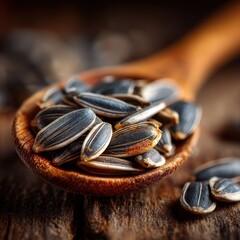 Wooden spoon overflowing with striped sunflower seeds on rustic wood