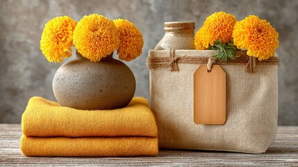 Yellow flowers, rustic decor, folded sweaters, fabric bag, wooden tag