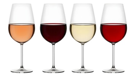 Four elegant crystal wine glasses showcasing a distinct variety of wine types including ros&eacute; white and deep red selections perfect for tasting flights or sommelier comparisons isolated on white.