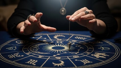 Naklejka premium Female hand holding pendulum over astrological symbols on blue cloth, exploring divination and zodiac signs