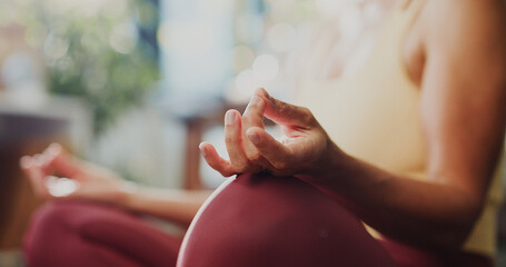 Woman, hands and meditation with zen for spiritual wellness, awareness or mental wellbeing in home....