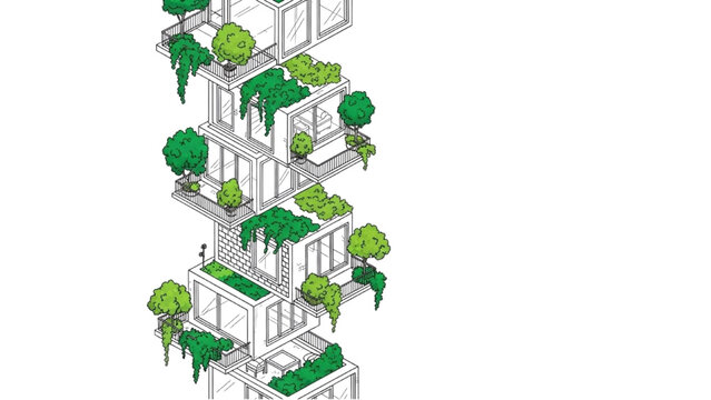 High-Quality Black Continuous Line Art of Exploded Isometric Modular Building with Vertically Stacked Units