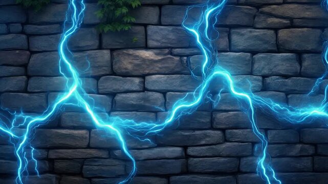 Electricity Lightning Bolt on Stone Wall.