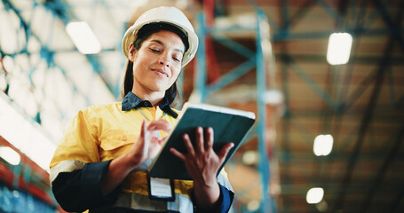 Woman, tablet and warehouse inspection for storage, checklist or smile for inventory management....