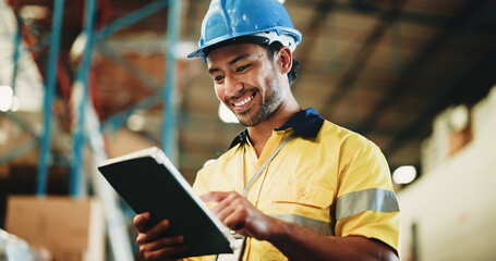 Man, tablet and smile with inspection at warehouse, checklist or notes for inventory management. Person, tech and low angle with application, stock and solution for supply chain at distribution plant