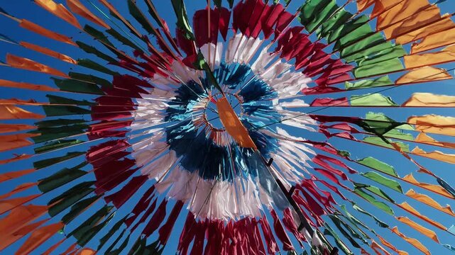 Circular Canopy Of Colorful Tibetan Prayer Flags Fluttering Against Clear Blue Sky On Sunny Day. low angle shot