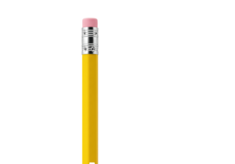 single hyper-detailed macro product shot of a freshly sharpened yellow cedar pencil with a pink eraser, isolated on a transparent background, copy space. concept of simple perfection