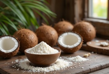 Fototapeta premium Tropical freshness: whole and halved coconuts with natural coconut flakes on a wooden table. coconut milk powder