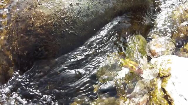 Extreme close-up slow motion of water trickling over dark rocks. The minute flow emphasizes the critical state of water resources in the drought-stricken Moroccan Atlas.