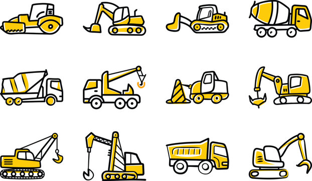  Cute Hand-Drawn Yellow Construction Equipment Icon Set: Bulldozer, Excavator, Dump Truck, Crane, Loader, Roller, Backhoe & Heavy Machinery Doodle Illustrations PNG Transparent Background