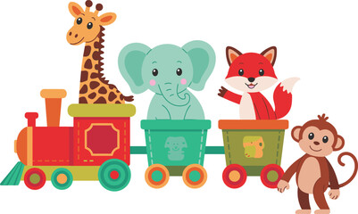 Colorful cartoon animal train illustration with giraffe elephant fox monkey for kids nursery education playful vector art background design print © Babul Creative