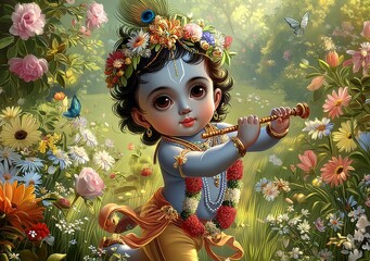 A picturesque garden setting where Little Krishna frolics joyfully.