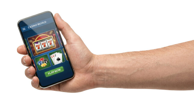 Smartphone displaying slot machine game on transparent background