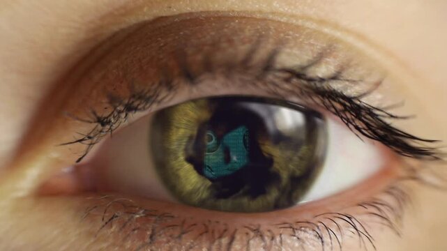 Artificial intelligence concept with humanoid robot emerging in human eye for Ai, robotics & automation, privacy & data protection. 