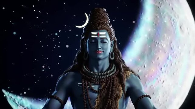 Hindu God Shiva Meditating with Moonlit Night.