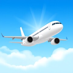 Naklejka premium Aircraft soars high above fluffy clouds under a radiant, sunlit sky